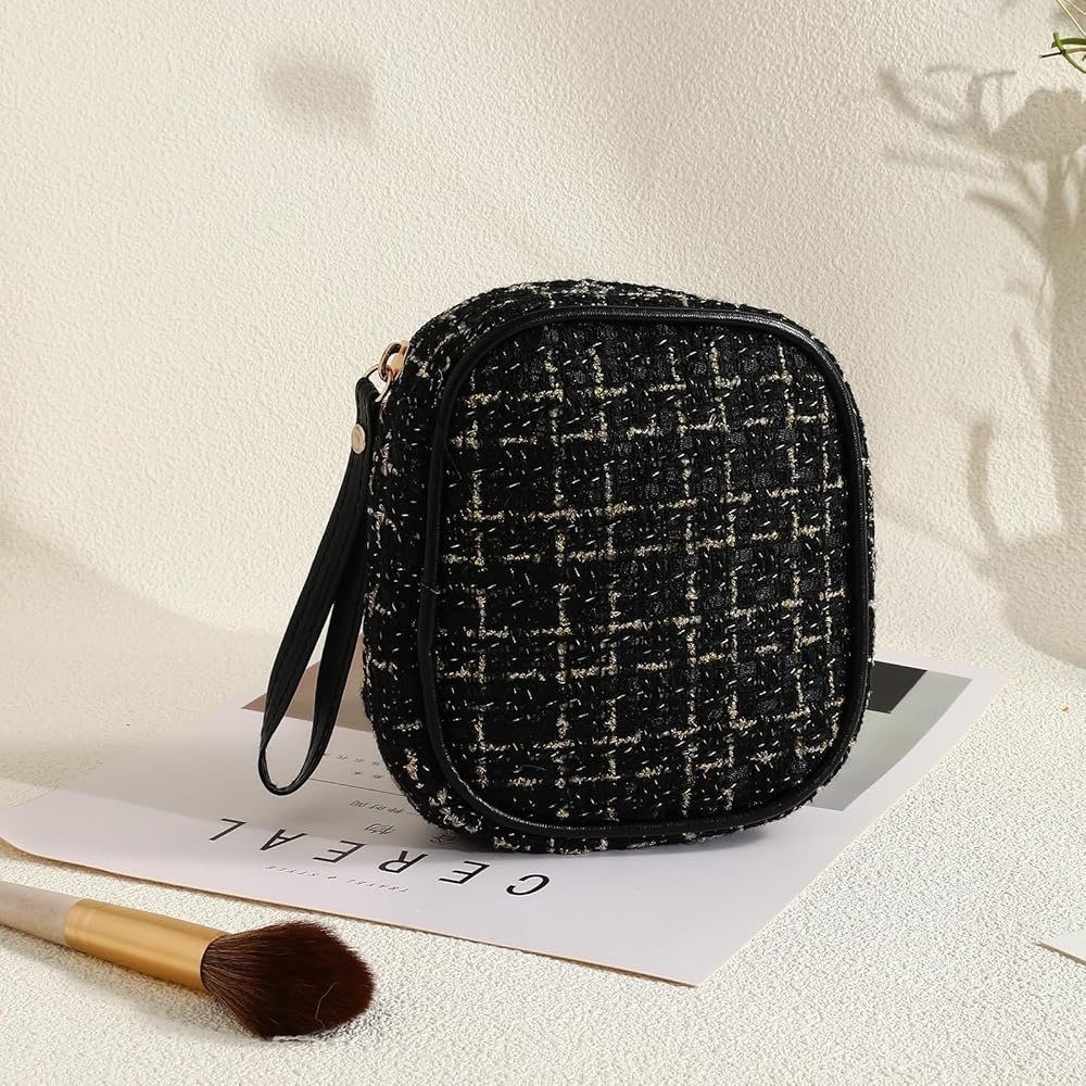 Small Travel Cosmetic Bag Pouch Tweed Black and Gold